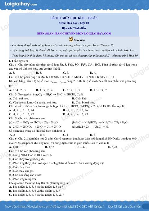 Đề thi giữa kì 2 Hóa 10 - Cánh diều - Đề số 3